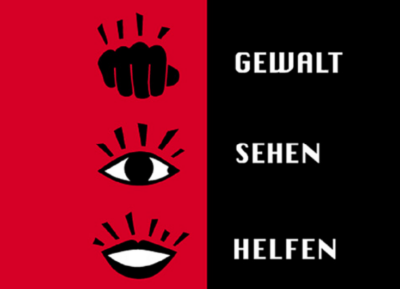 Das Bild zeigt Icons: Faust steht für Gewalt. Auge steht für Sehen und Mund steht für helfen.