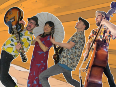 Das Bild zeigt vier Musiker:innen mit unterschiedlichen Instrumenten die sich rythmisch im Takt bewegen