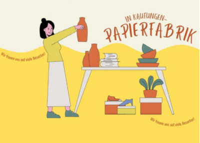 Das Bild zeigt eine Grafik. Auf dem Bild steht eine Frau und hebt eine Vase hoch. Daneben ist ein Verkaufstisch abgebildet.